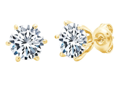 Solitaire Brilliant Stud Earrings - 6 Prong Finished in 18kt Yellow Gold