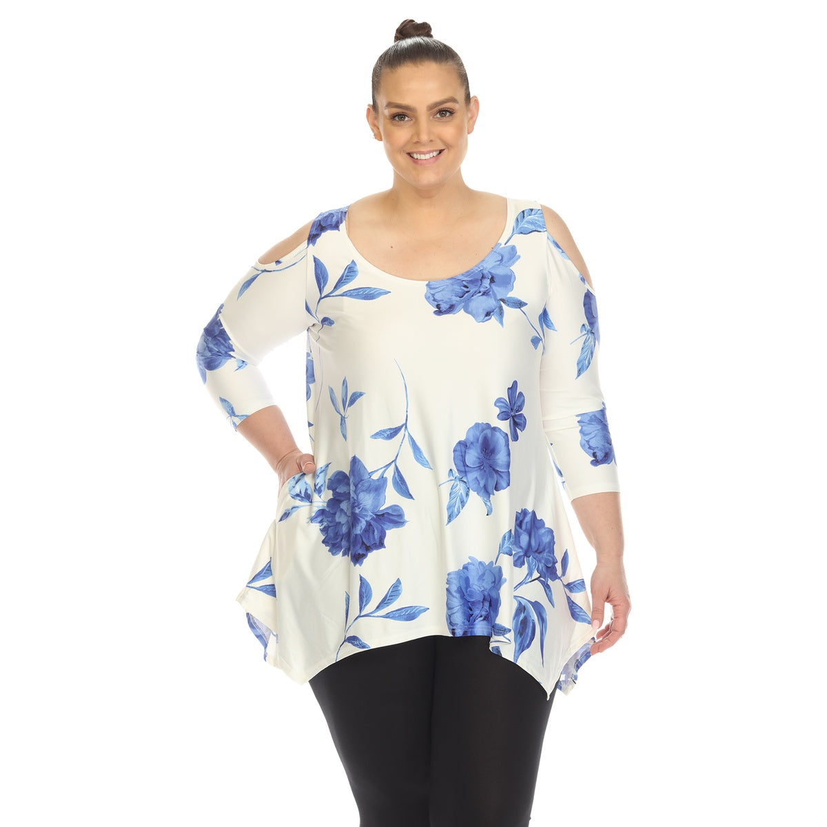  White Mark Plus Size Floral Printed Cold Shoulder Tunic - 1X - Bonton