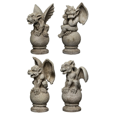 Set of 4 Gargoyles on Pedestals Outdoor Garden Statues 13"