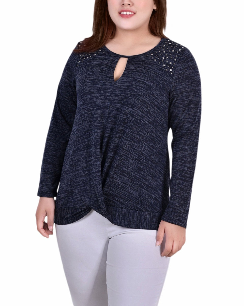  NY Collection Plus Size Long Sleeve Knit Keyhole Top With Studs - Navy - Bonton