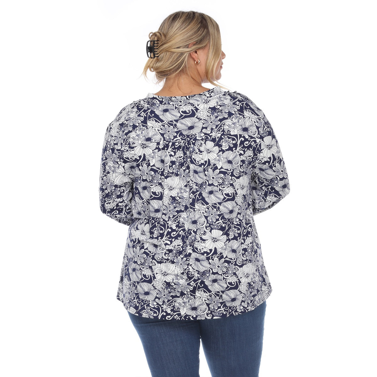  White Mark Plus Size Pleated Long Sleeve Floral Print Blouse - 1X - Bonton