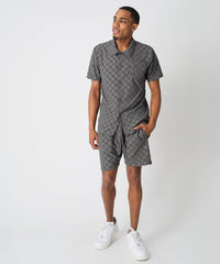 Checkerboard Towel Color Blocked Short Sleeve Button Down Shirt - Grey