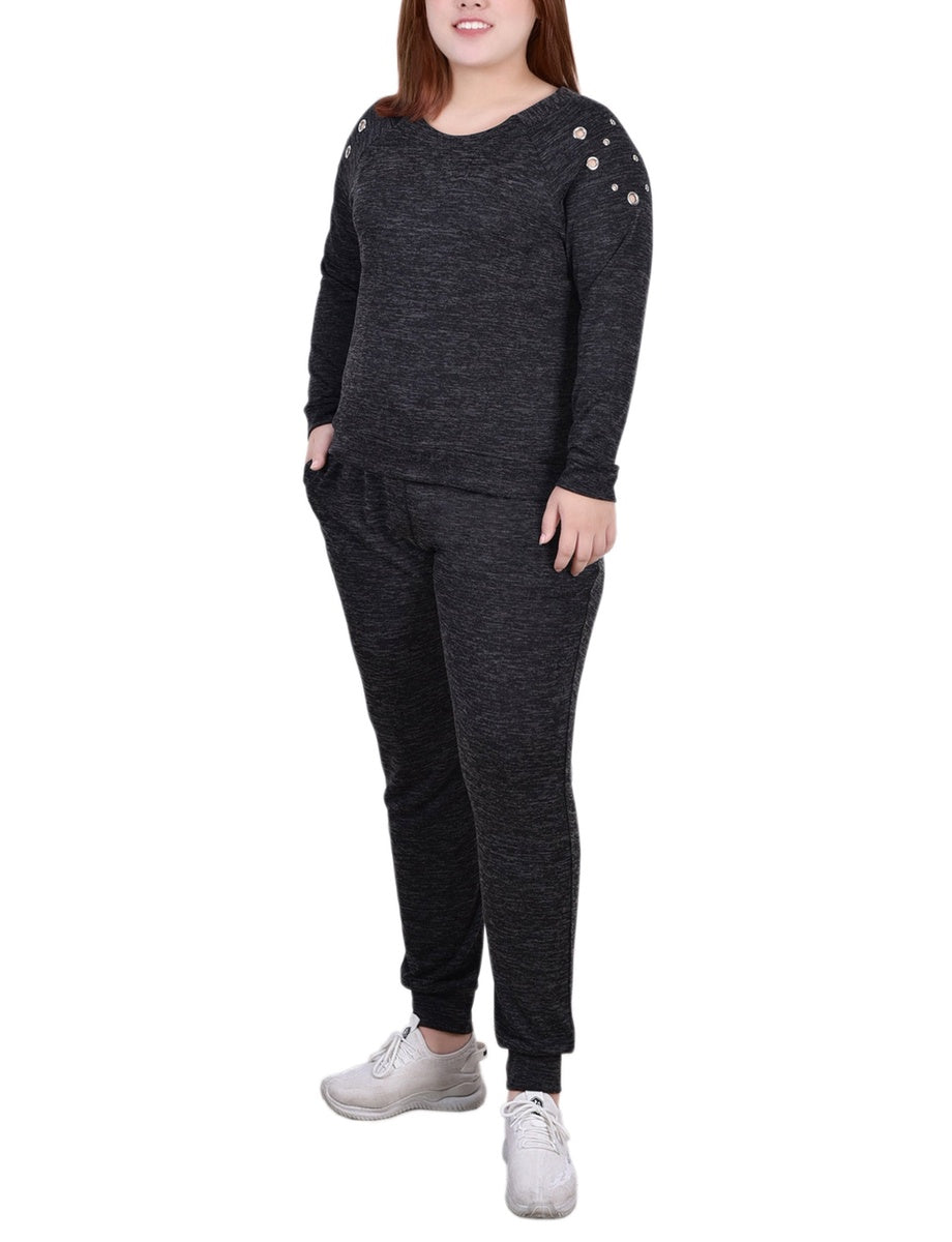  NY Collection Plus Size Long Sleeve Grommet Jogger Set - Black - Bonton