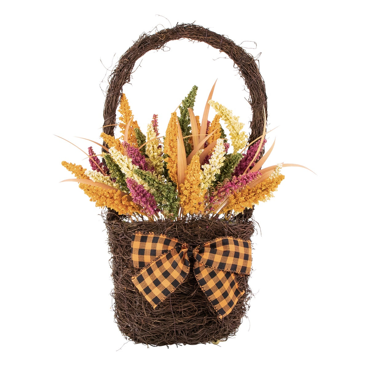  Northlight Autumn Harvest Hanging Basket With Artificial Foliage and Checkered Bow - 22