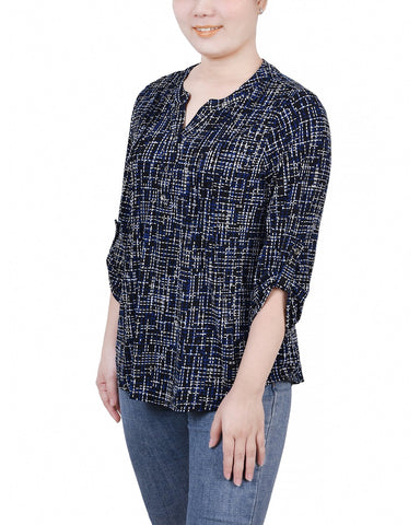 Petite 3/4 Roll Tab Sleeve Y Neck Top