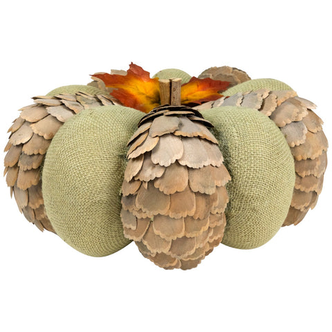 Fall Harvest Layered Wooden Leaves and Burlap Pumpkin - 10" - Green and Beige