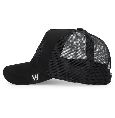 Vintage Havana Black Trucker Hat for Women – Canvas & Mesh Adjustable Snapback Baseball Cap With 3 Black Glitter Stars
