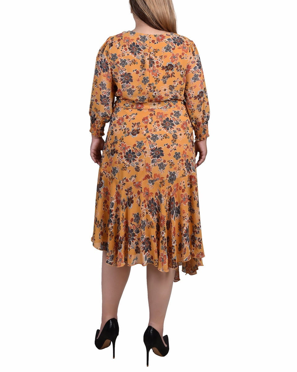  NY Collection Plus Size 3/4 Sleeve Belted Chiffon Hankerchief Hem Dress - Honey Wallflower - Bonton