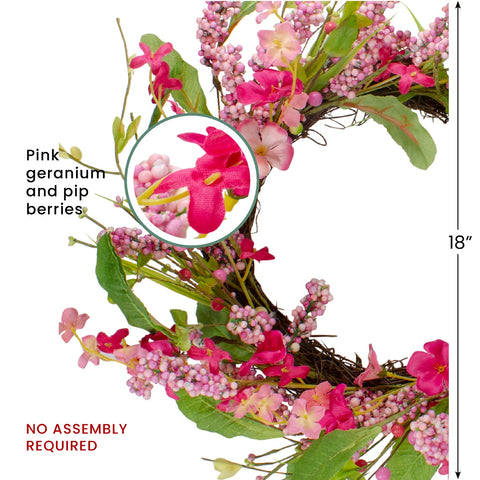Geranium and Berry Artificial Spring Floral Wreath  Pink - 18-Inch
