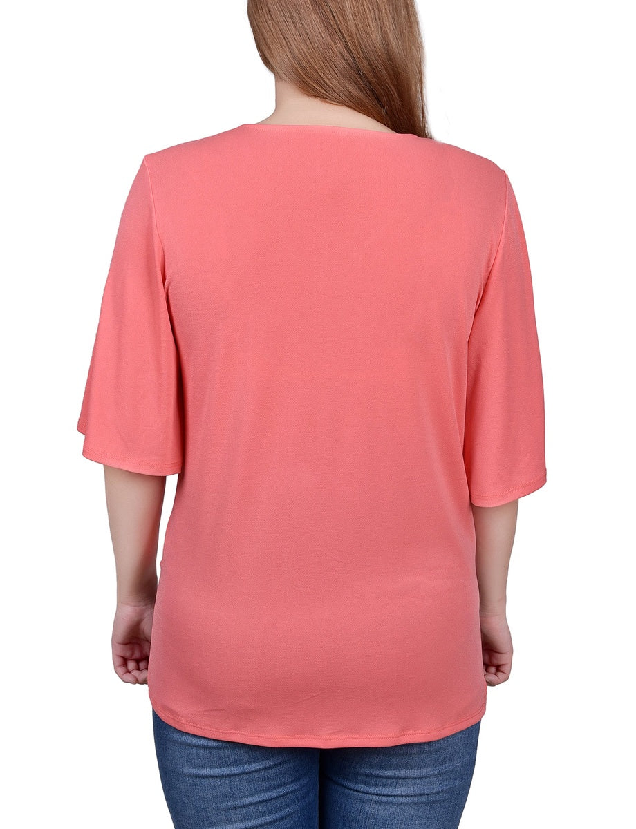  NY Collection Petite Elbow Sleeve Tie-Front Top - Blue Heron - Bonton