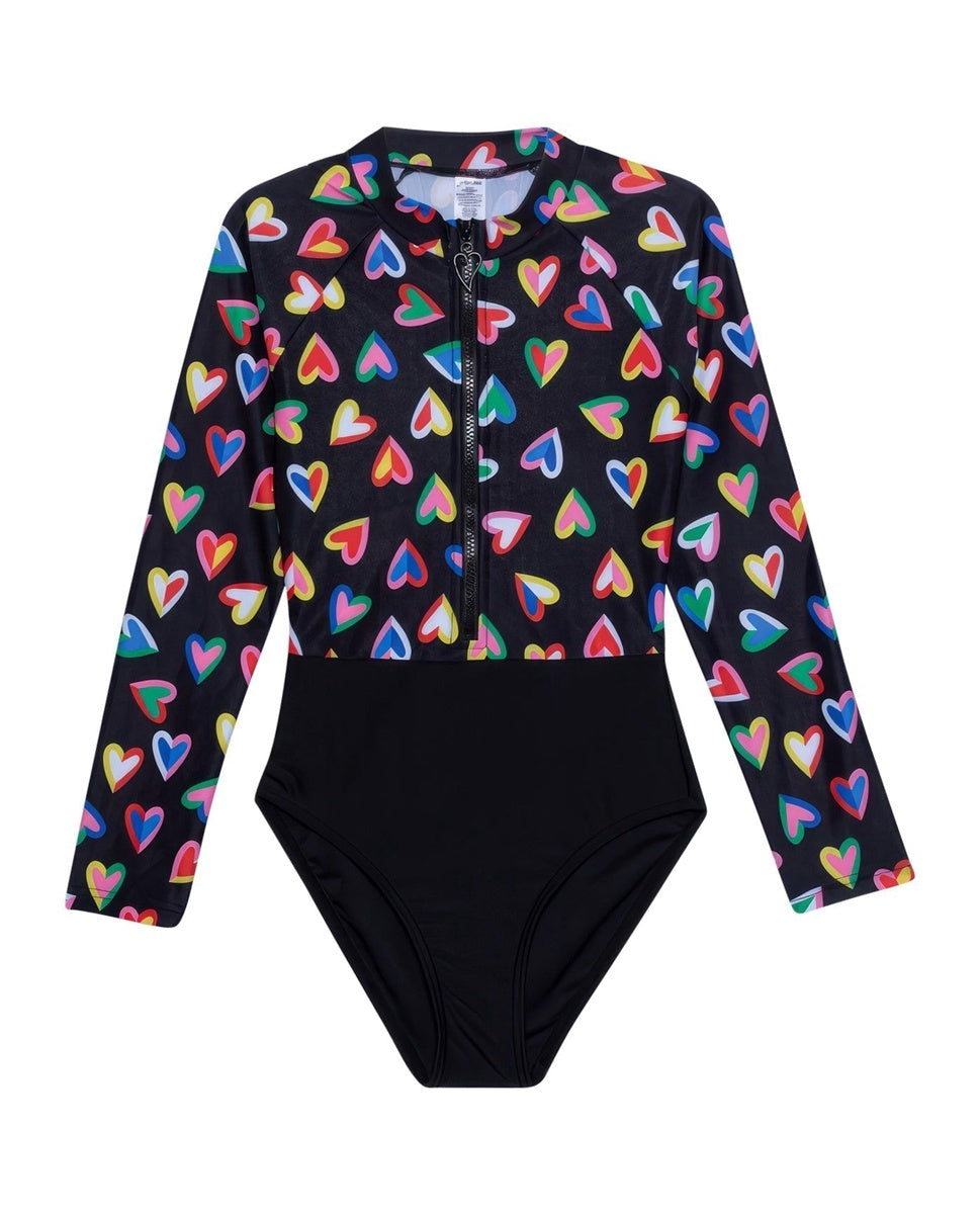  Gottex Kids Hearts Long Sleeve Zip Up Rash Guard One Piece Swimsuit - GOTTEX KIDS HEARTS - Bonton