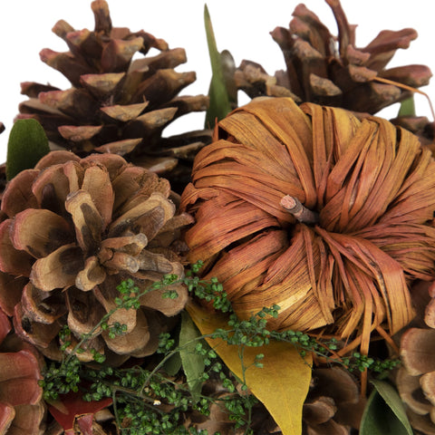 Orange and Green Fall Wreath With Pumpkins and Pinecones - 13.75 Inch  Unlit