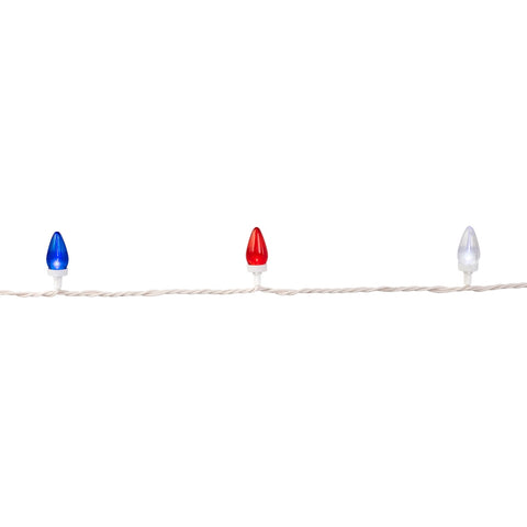 C7 LED Fourth of July Lights - Red  Blue and White - 16' White Wire - 50ct