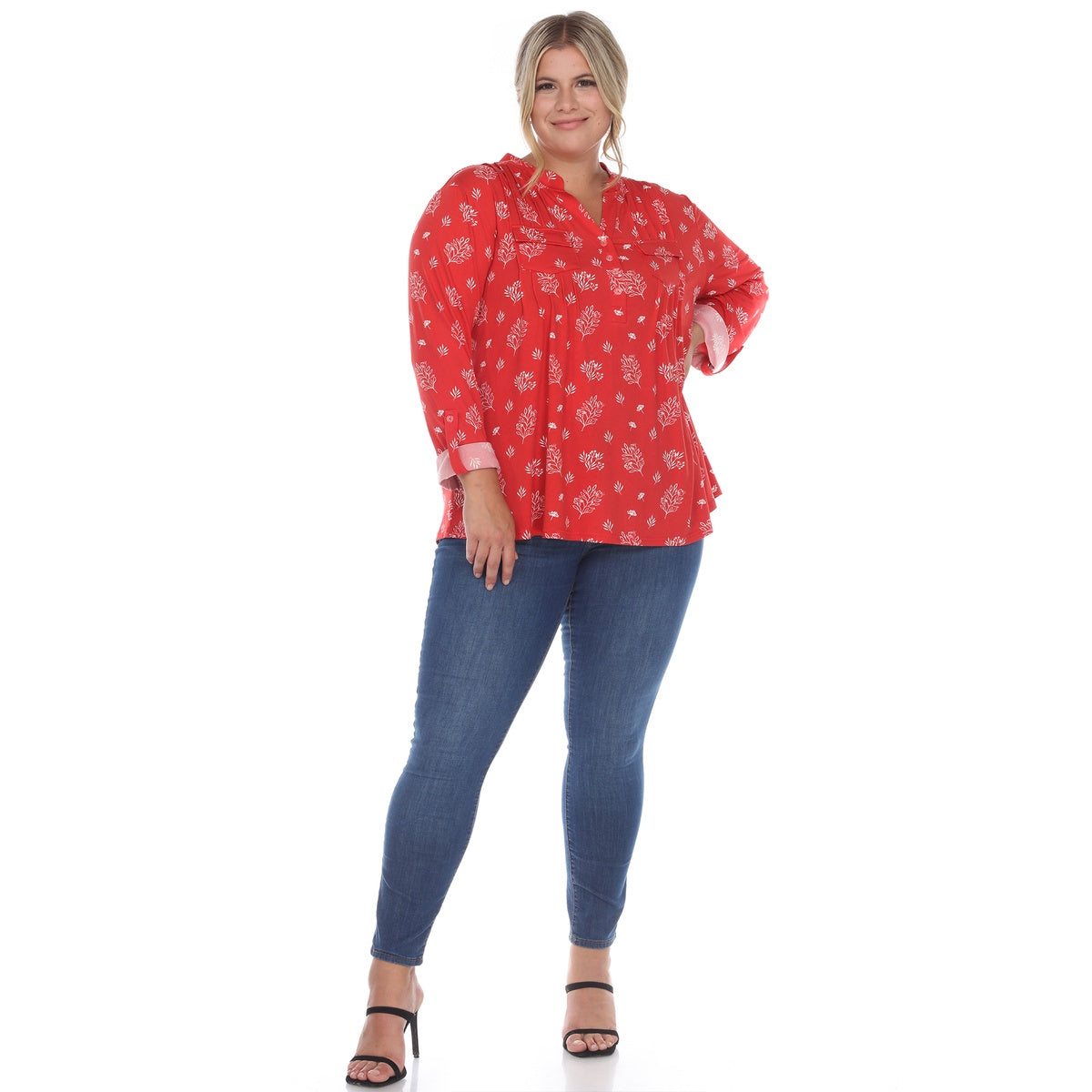  White Mark Plus Size Pleated Long Sleeve Leaf Print Blouse - 1X - Bonton