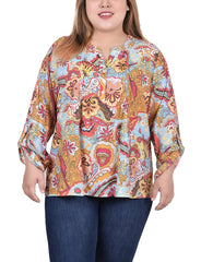 Plus Size Long Roll Tab Sleeve Pintuck Front Blouse