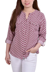 Petite 3/4 Sleeve Roll Tab Y Neck Blouse