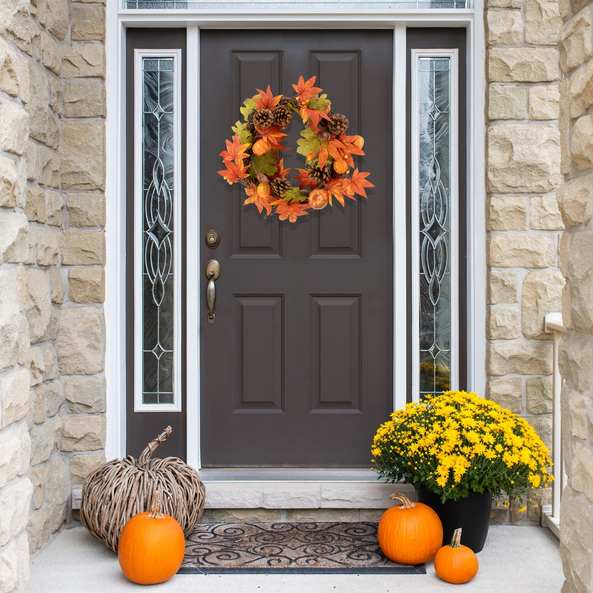  Northlight Autumn Leaves With Pine Cones and Pumpkins Fall Harvest Wreath  10-Inch  Unlit - Default Title - Bonton