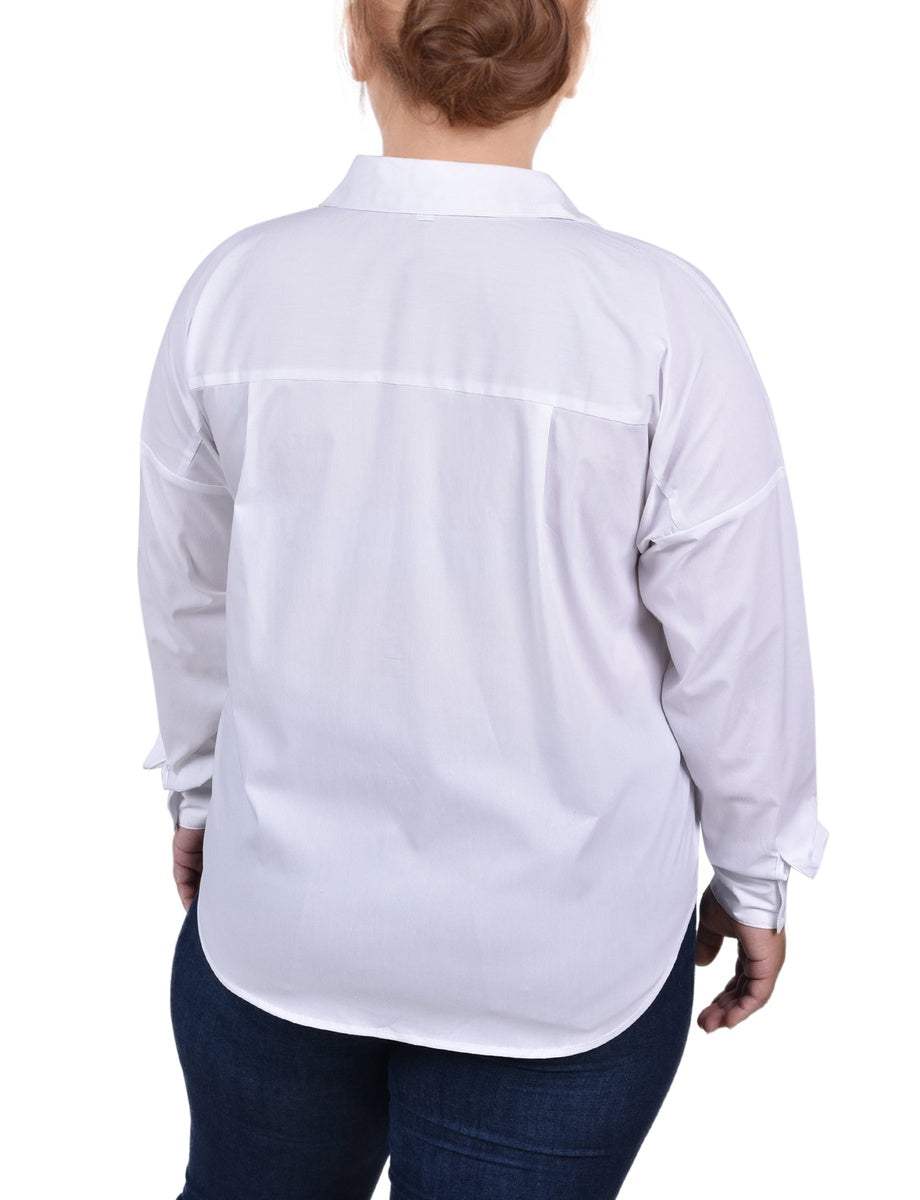  NY Collection Plus Size Long Sleeve Hidden Placket Blouse With Studs - White - Bonton