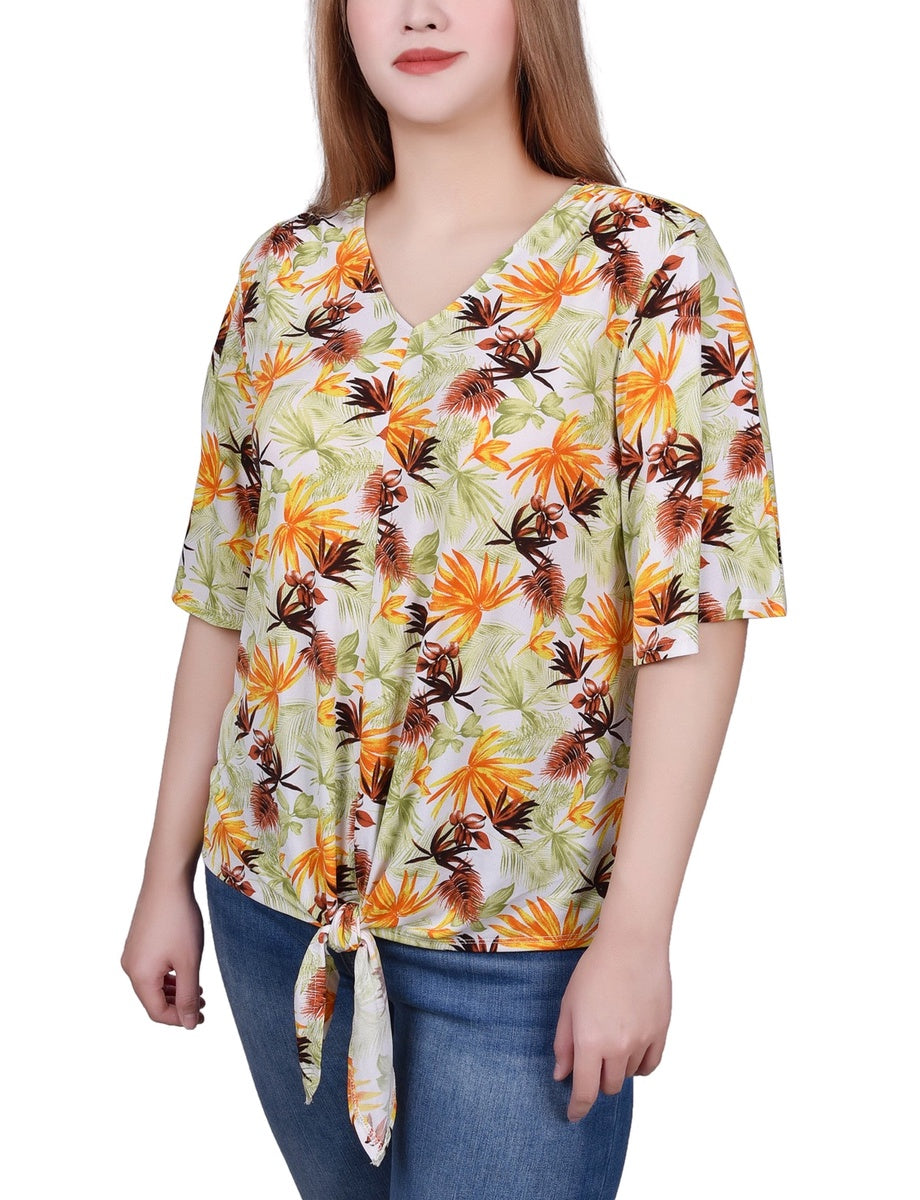  NY Collection Petite Elbow Sleeve Tie-Front Top - Blue Heron - Bonton