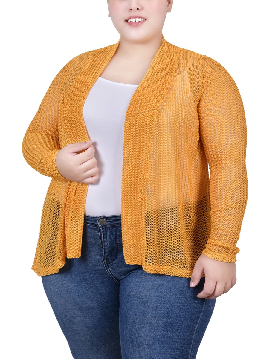  NY Collection Plus Size Open Knit Cardigan - Dark Green - Bonton