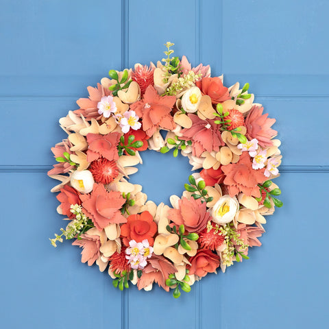 Artificial Mini Thistle Flowers Wooden Spring Wreath - 14" - Pink and Cream