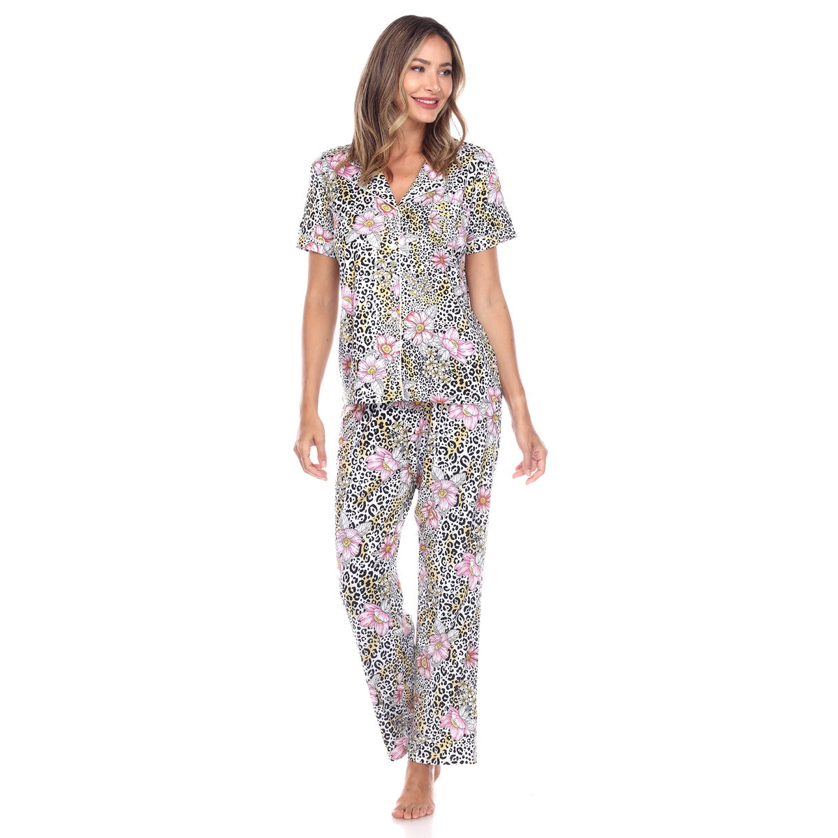  White Mark Women's Short Sleeve & Pants Tropical Pajama Set - L - Bonton