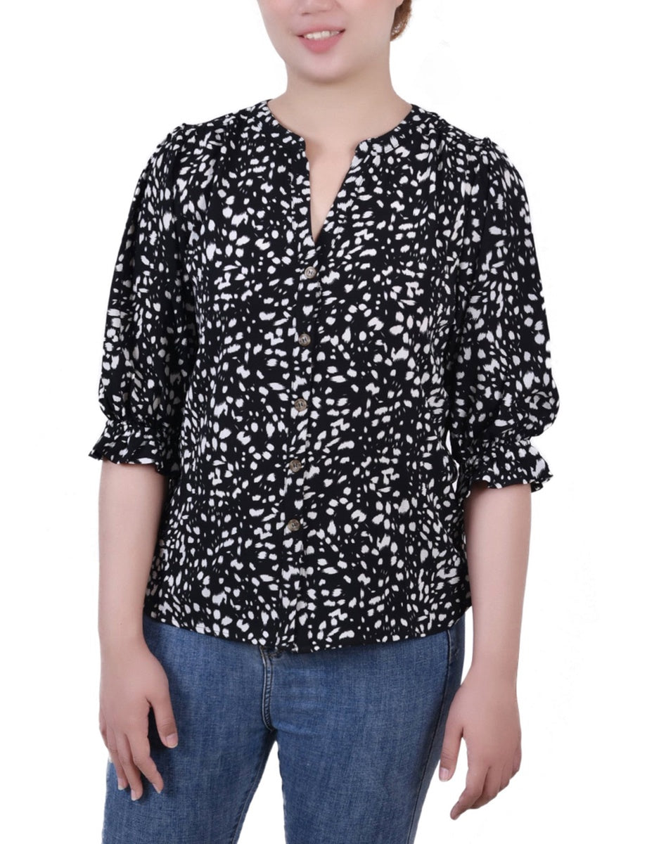  NY Collection Petite Elbow Sleeve Y Neck Blouse - Ivory Brushed - Bonton