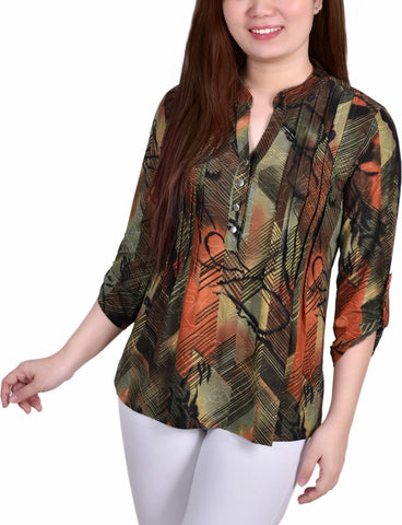 3/4 Roll Tab Sleeve Y Neck Top