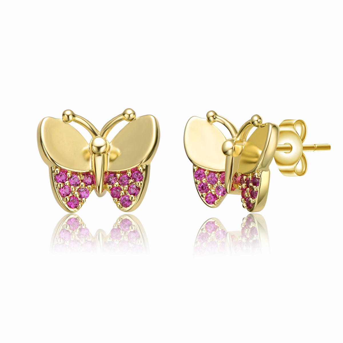  Rachel Glauber Kids 14k Yellow Gold Plated With Ruby Cubic Zirconia Pave Butterfly Stud Earrings - Ruby - Bonton