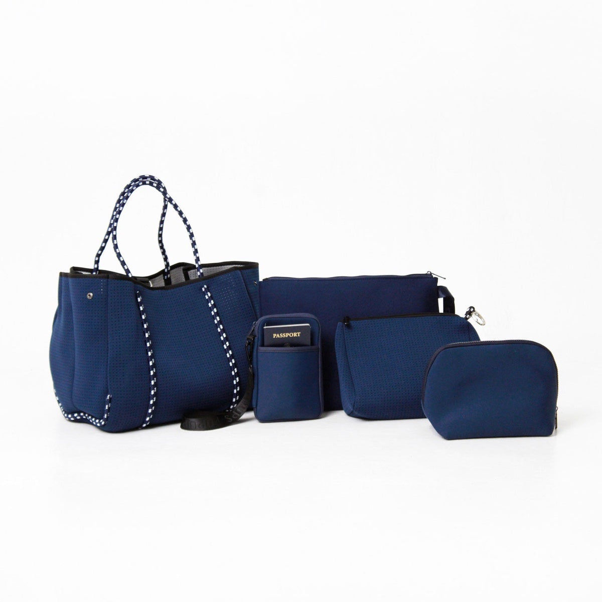  Pop Ups Brand Deep Blue Set: Everyday Tote + Oversized Wristlet Pouch + Essential Pouch + Makeup Pouch Set + Passport Wallet - Default Title - Bonton