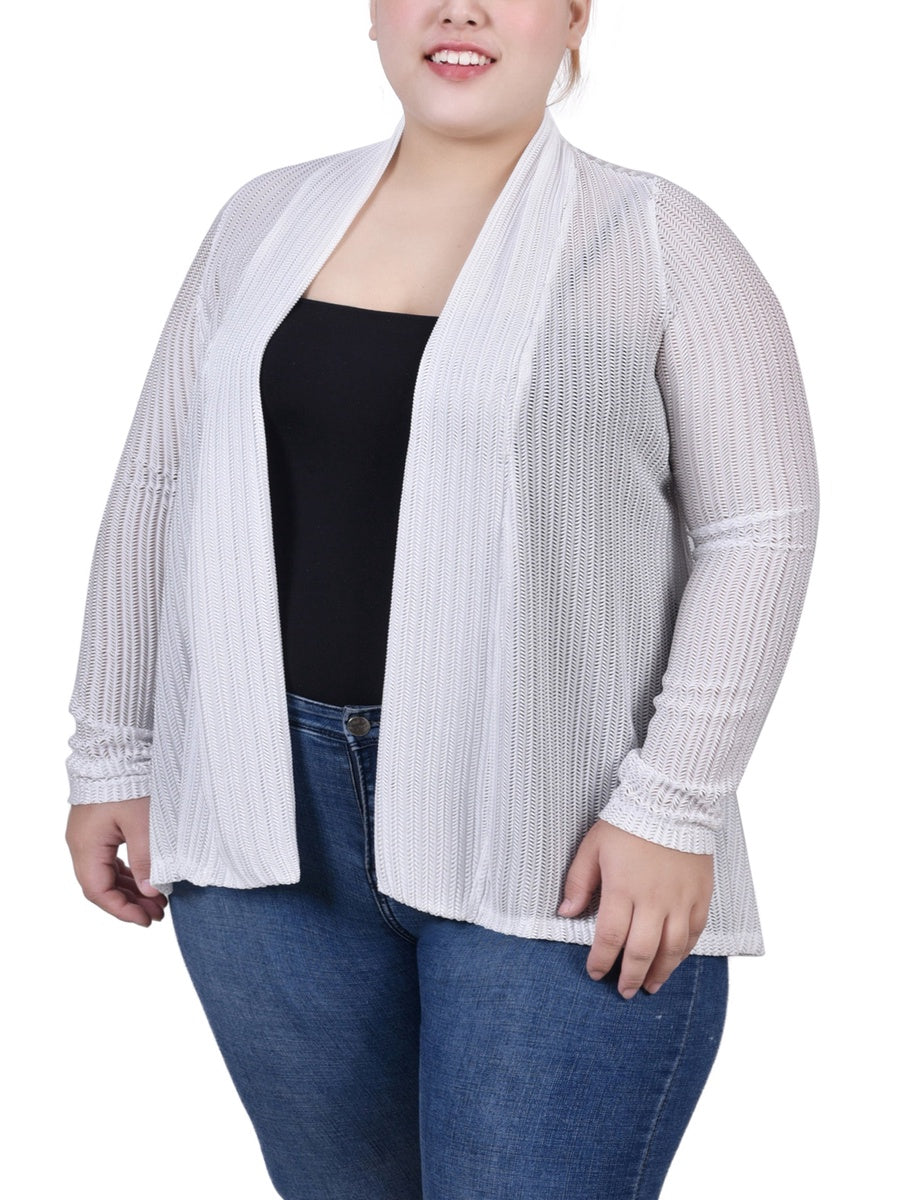  NY Collection Plus Size Open Knit Cardigan - Dark Green - Bonton