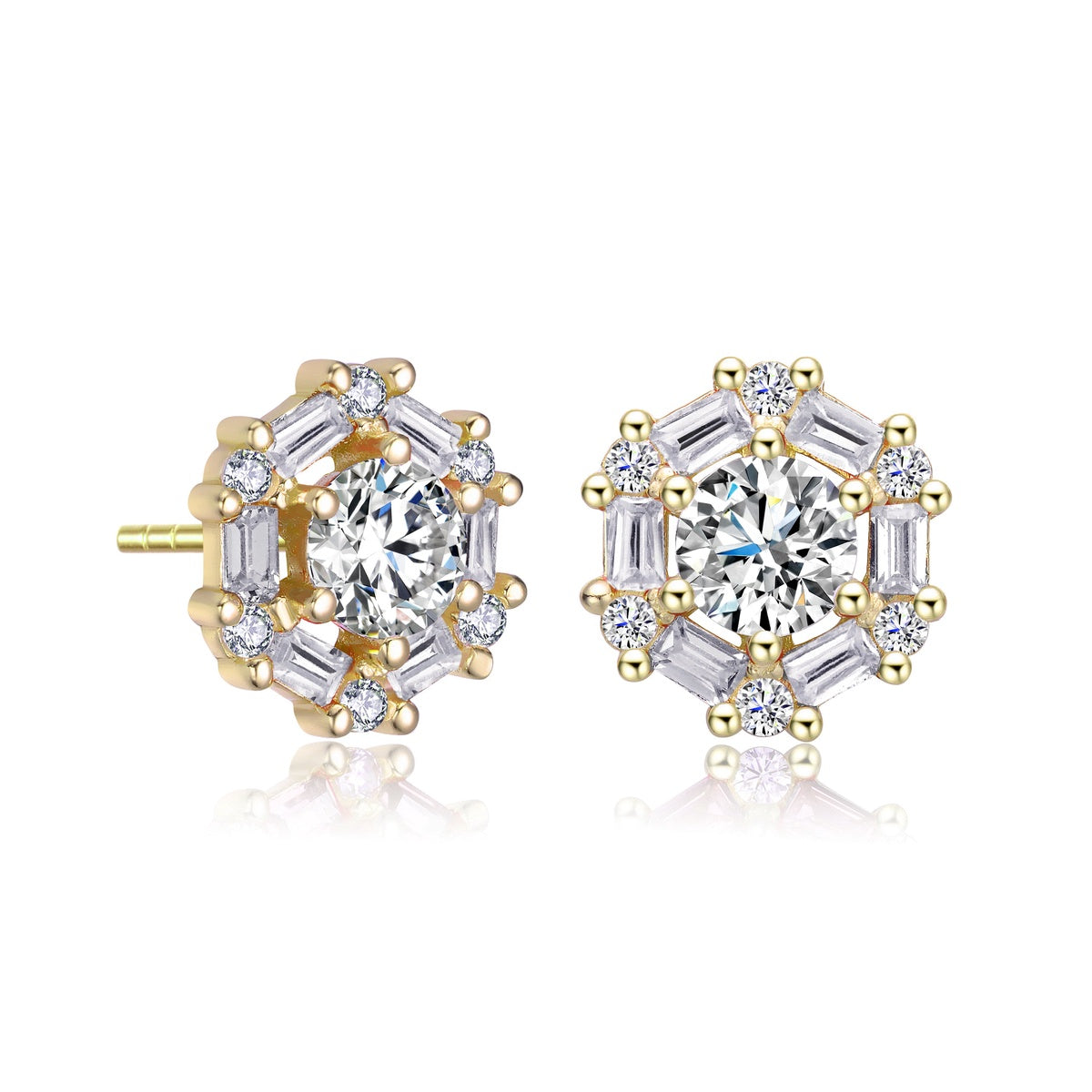  Genevive Ga Rhodium Plated With Round Baguette Cubic Zirconia Stud Earrings - White - Bonton