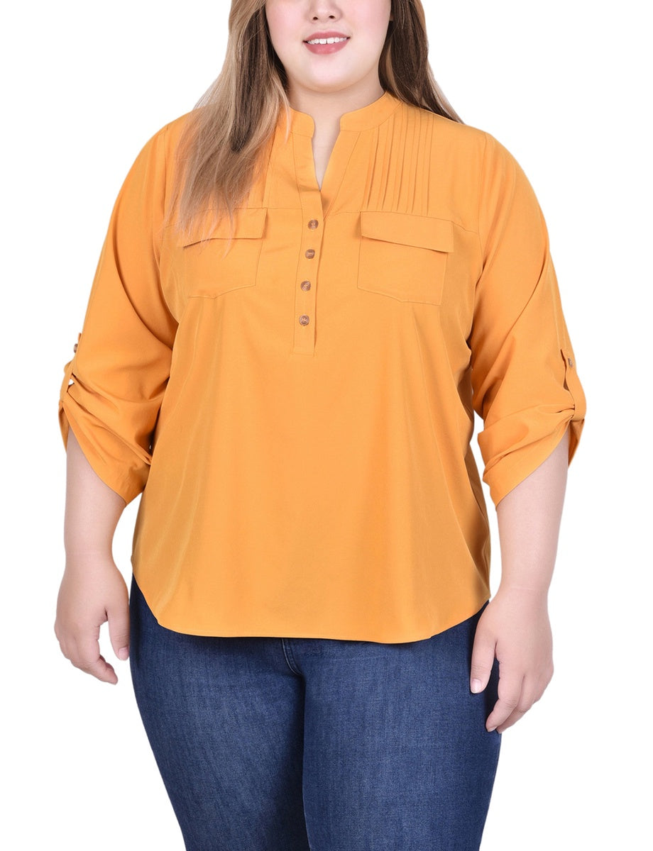  NY Collection Long Tab-Sleeve Blouse With Pockets - Golden Glow - Bonton