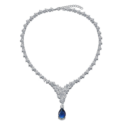 White Gold Plated Cubic ZIrconia Cluster Bridal Y-Necklace