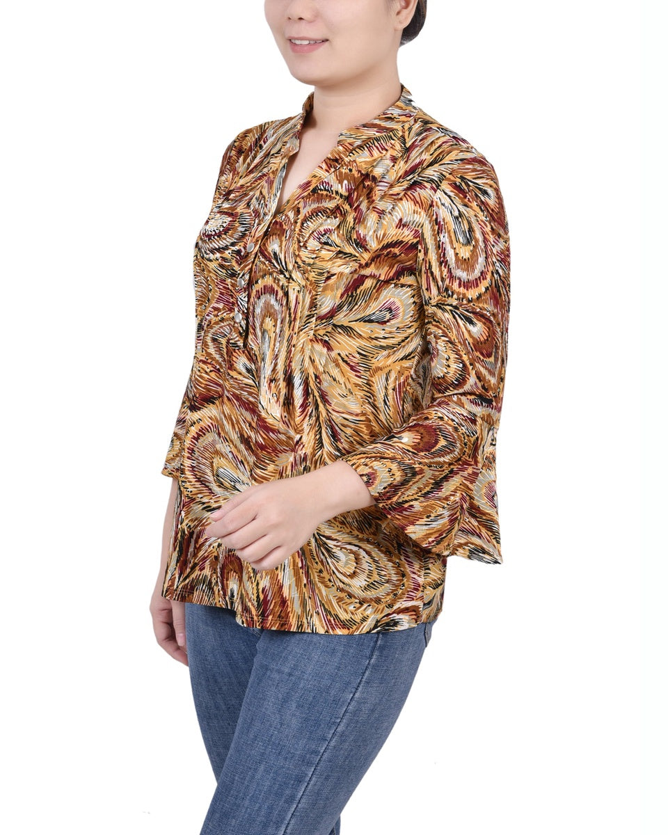  NY Collection Petite 3/4 Bell Sleeve Pleat Front Y Neck Top - Berry Plaid - Bonton
