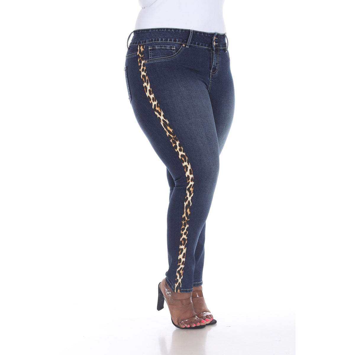  White Mark Plus Size Super Stretch Denim With Cheetah Pannel - 14 - Bonton