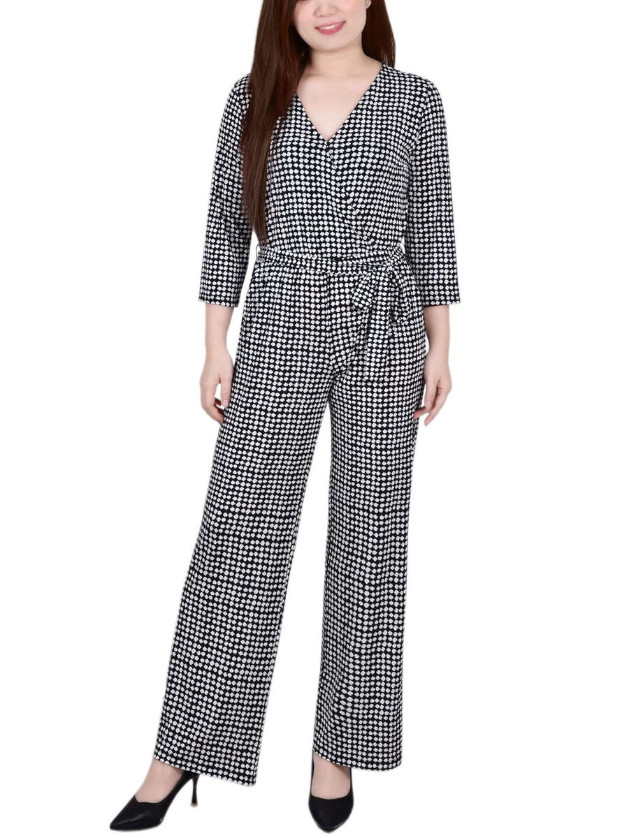  NY Collection Petite 3/4 Sleeve Belted Jumpsuit - Black - Bonton