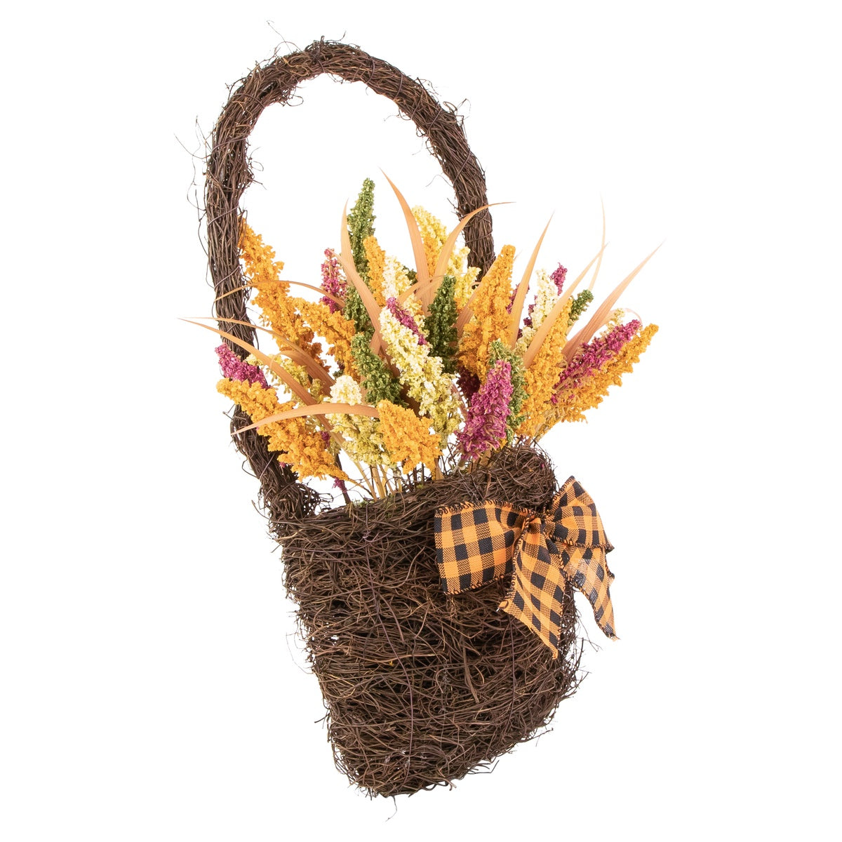  Northlight Autumn Harvest Hanging Basket With Artificial Foliage and Checkered Bow - 22