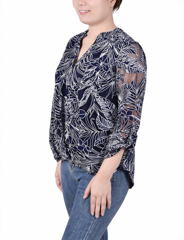 Long Sleeve Burnout Y Neck Blouse