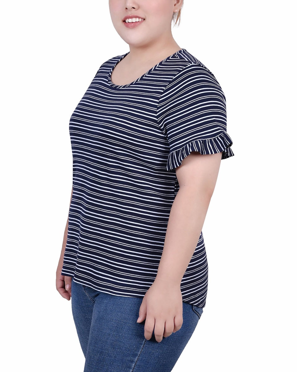  NY Collection Plus Size Short Bell Sleeve Top - Navy Double Stripe - Bonton