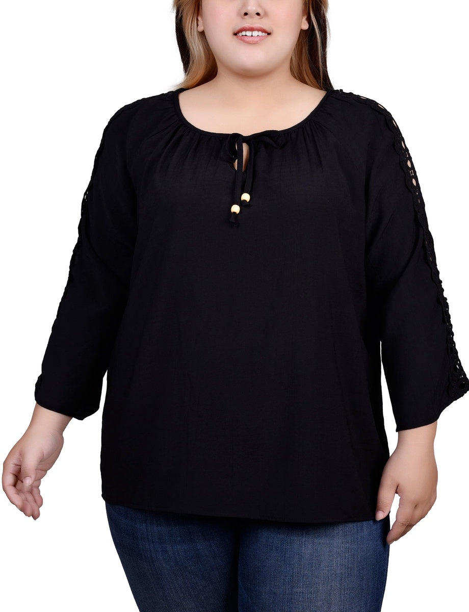  NY Collection Plus Size 3/4 Sleeve Crochet Detail Blouse - Black - Bonton