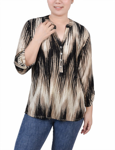 3/4 Roll Tab Sleeve Y Neck Top