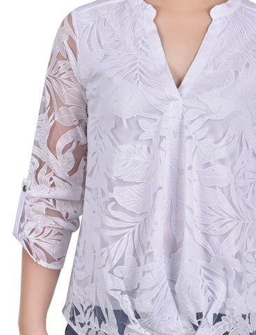 Long Sleeve Burnout Y Neck Blouse