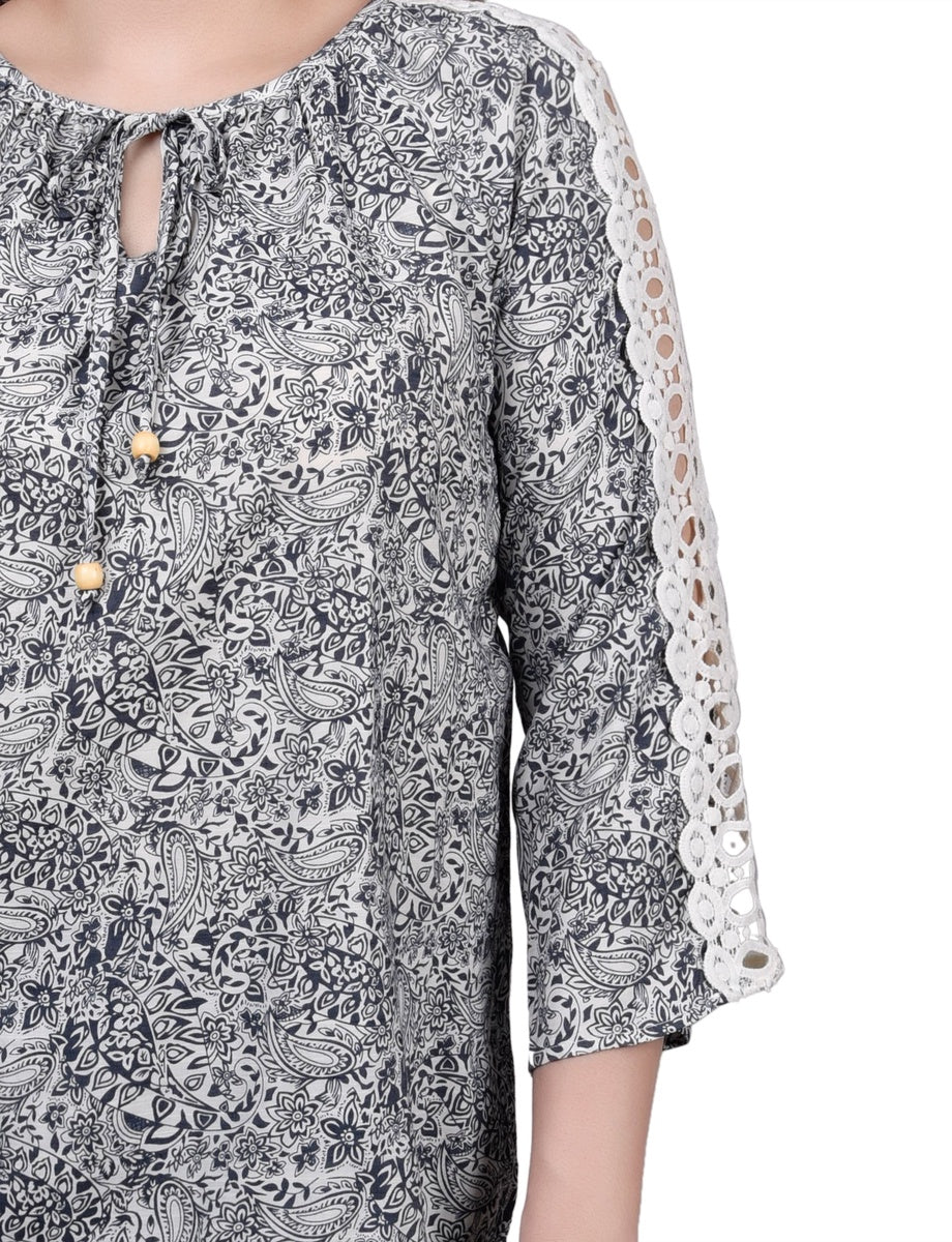  NY Collection 3/4 Sleeve Crochet Detail Blouse - Blue - Bonton