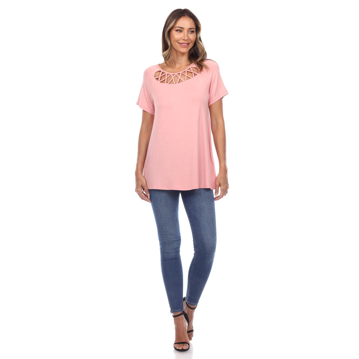  White Mark Women's Crisscross Cutout Short Sleeve Top - S - Bonton