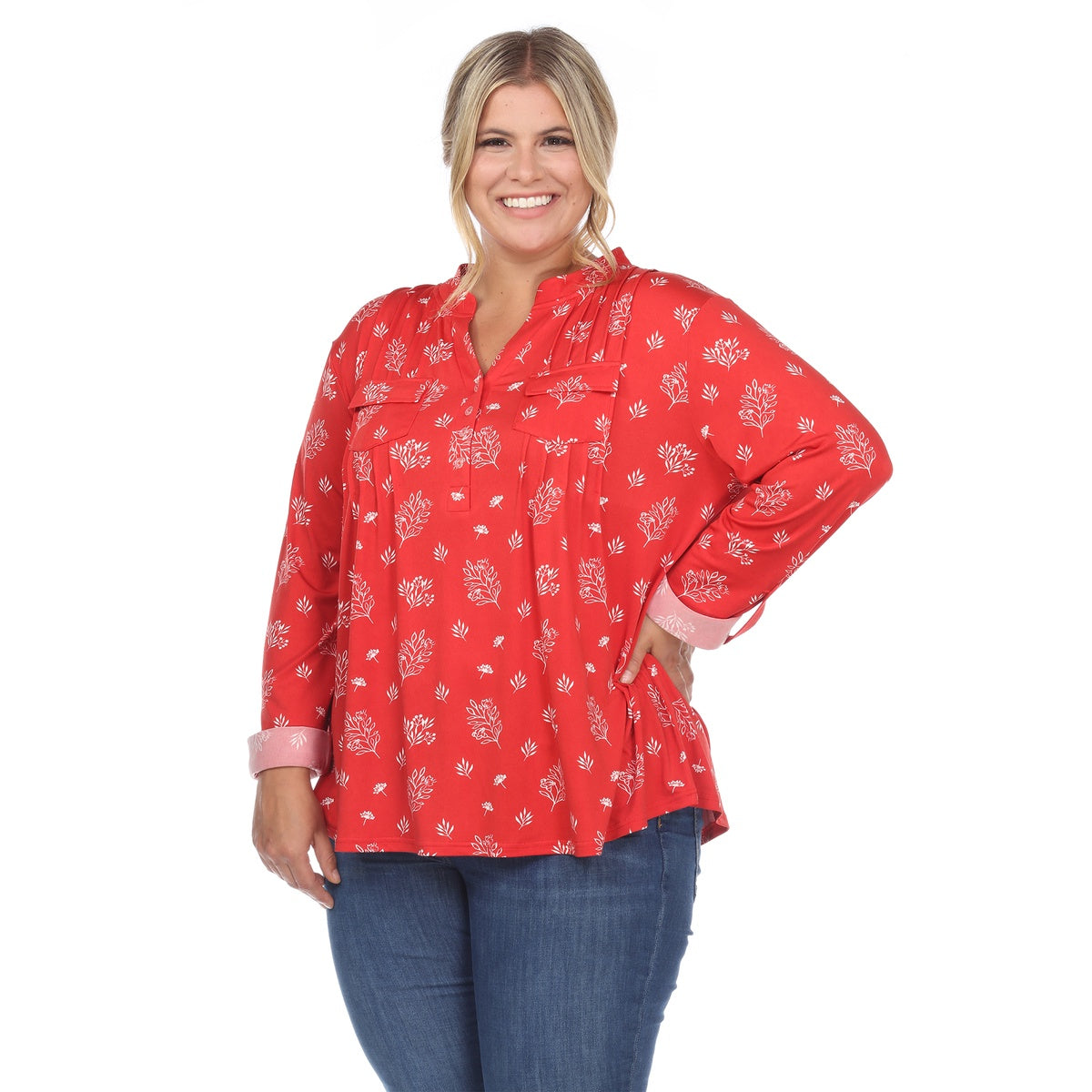  White Mark Plus Size Pleated Long Sleeve Leaf Print Blouse - 1X - Bonton