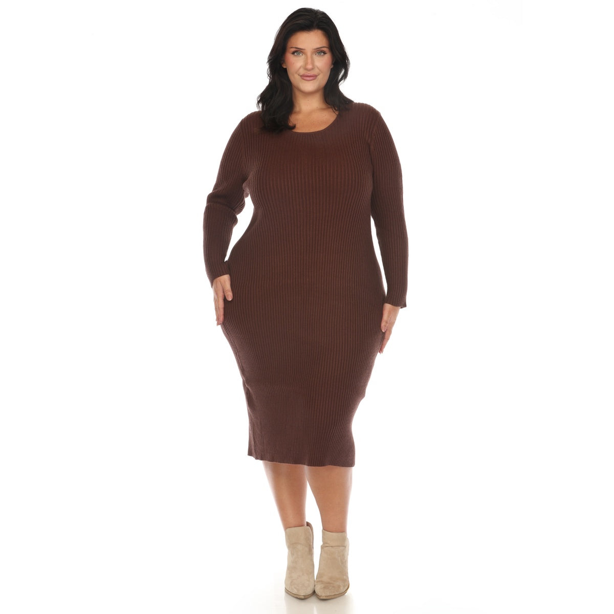  White Mark Plus Size Long Sleeve Rib Midi Sweater Dress - 1X - Bonton