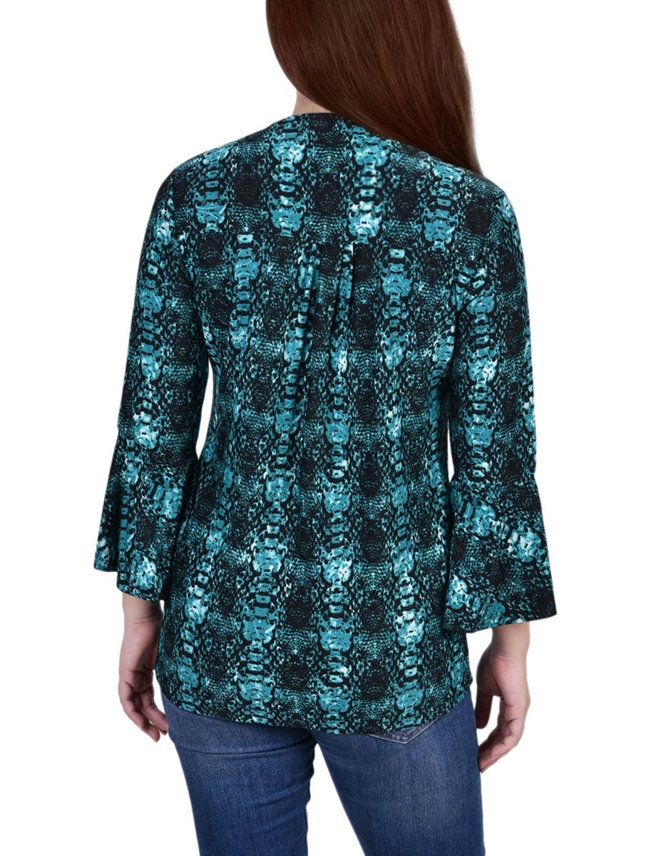  NY Collection 3/4 Bell Sleeve Pleat Front Y Neck Top - Mauve Tie Dye - Bonton