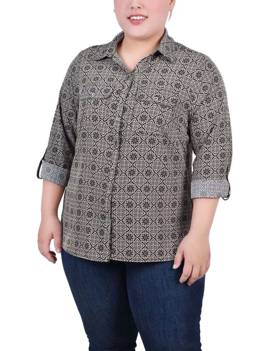  NY Collection Plus Size 3/4 Sleeve Roll Tab Notch Collar Blouse - Black And Doeskin Floral Iconi - Bonton