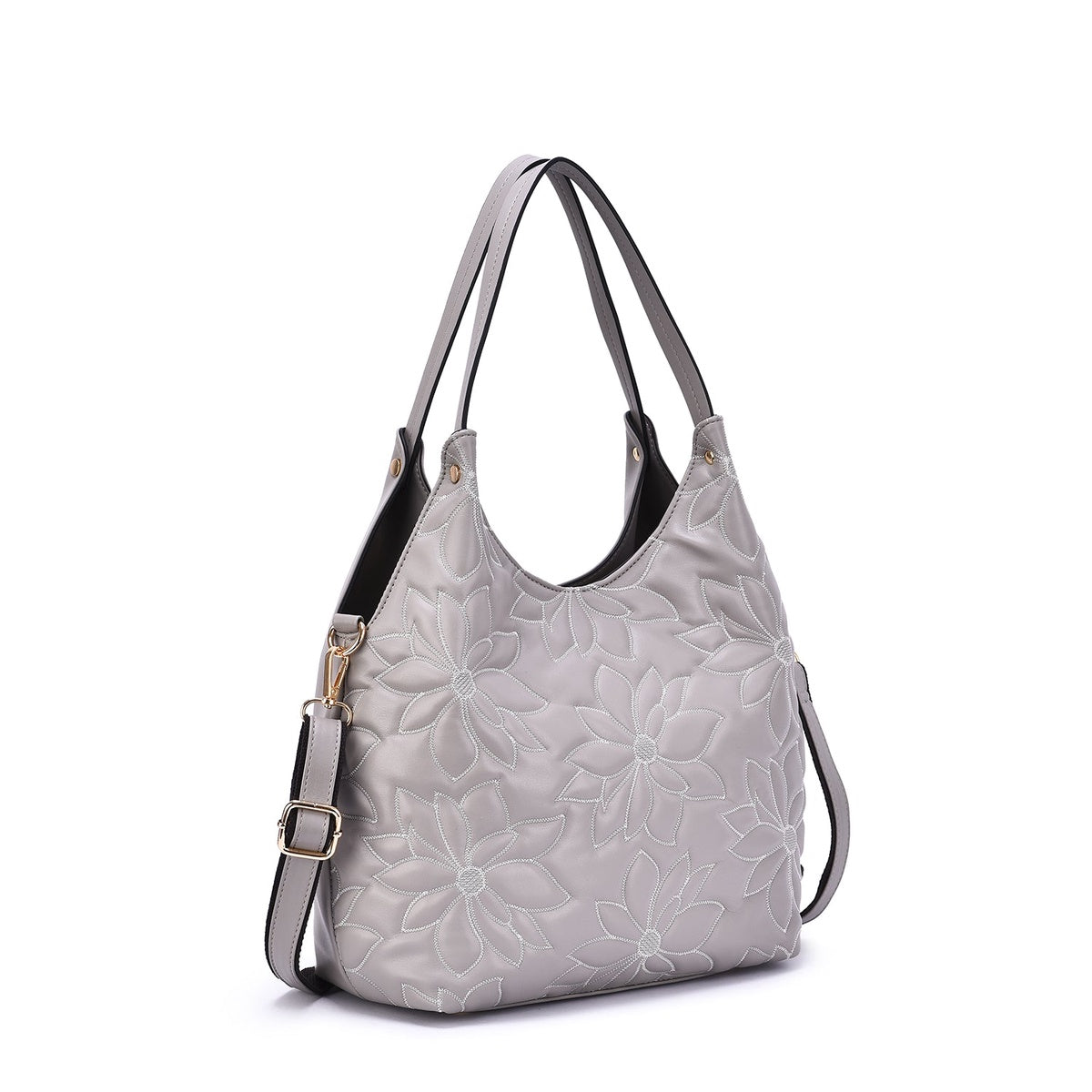  Mellow World Jae Embossed Floral Patterned Hobo - Black - Bonton